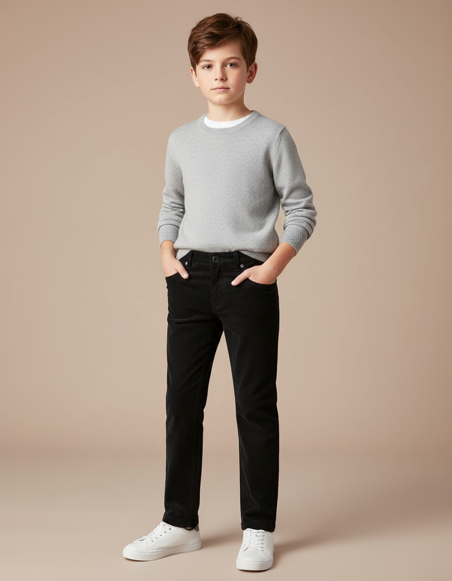 Pantalon Chino Noir Velours Côtelé Droit Enfant