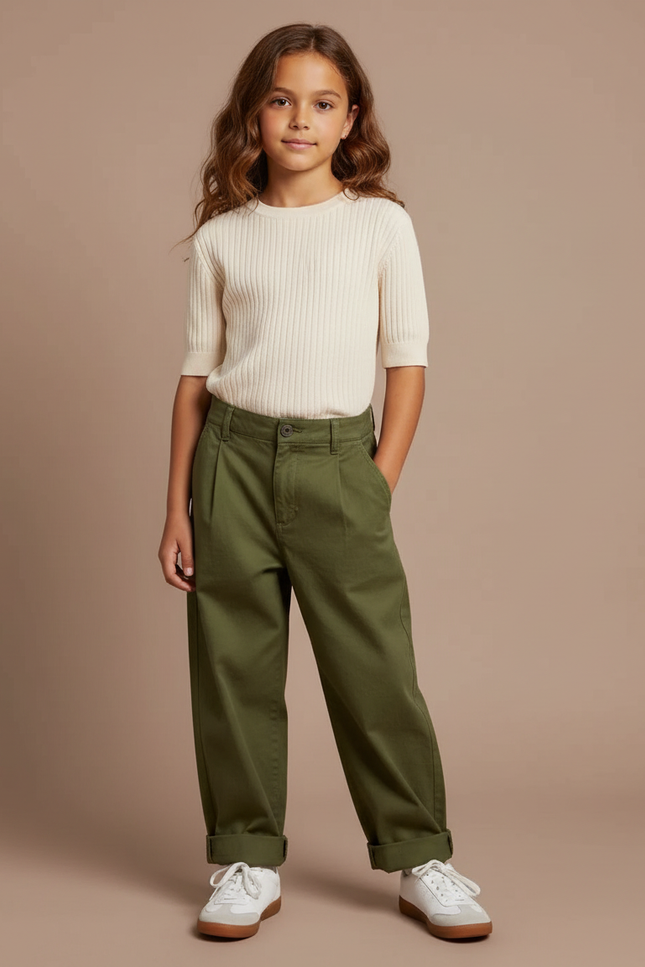Pantalon Chino Vert Kaki Coton Ample Enfant
