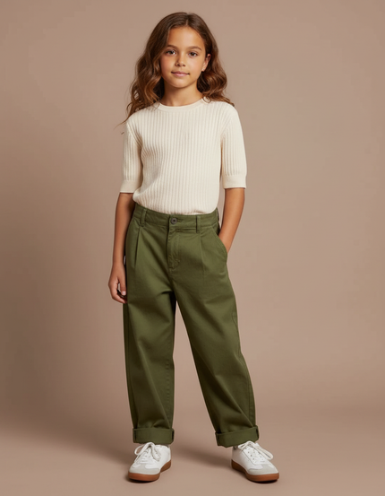 Pantalon Chino Vert Kaki Coton Ample Enfant