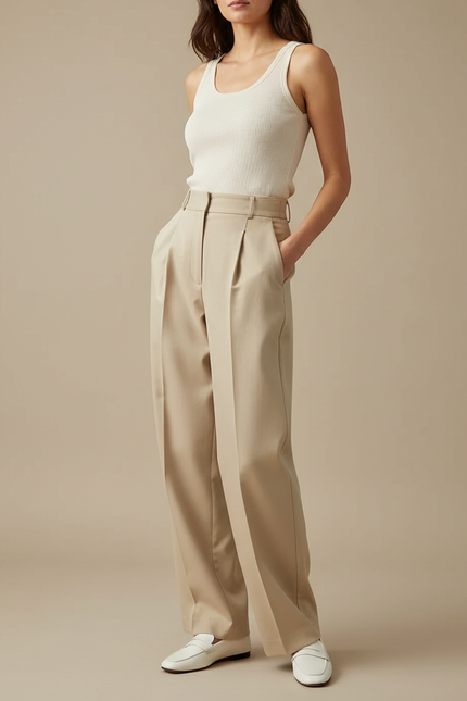 Pantalon Chino Beige Plissé Large Élégant Femme - Gabardine
