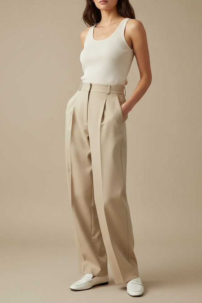 Pantalon Chino Beige Plissé Large Élégant Femme - Gabardine