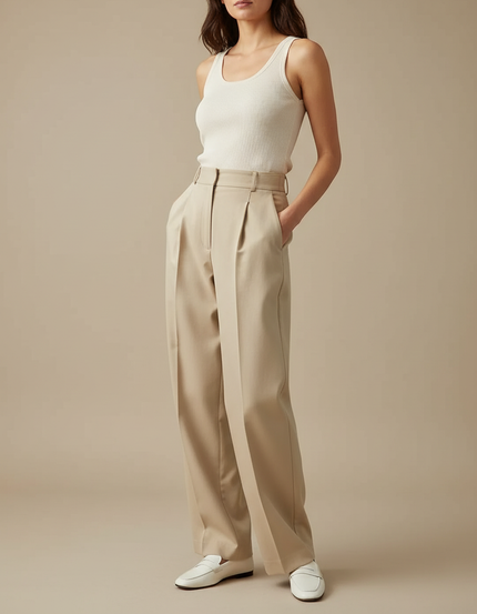 Pantalon Chino Beige Plissé Large Élégant Femme - Gabardine