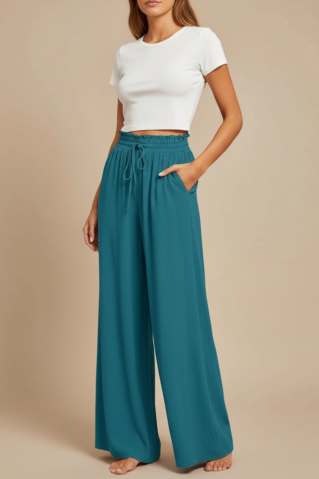 Pantalon Chino Femme Fluide Ample Taille Haute Bleu Canard - Viscose