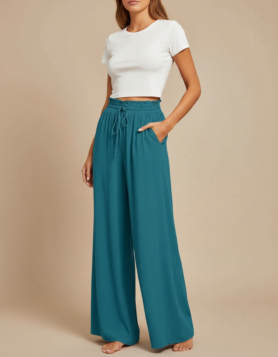 Pantalon Chino Femme Fluide Ample Taille Haute Bleu Canard - Viscose