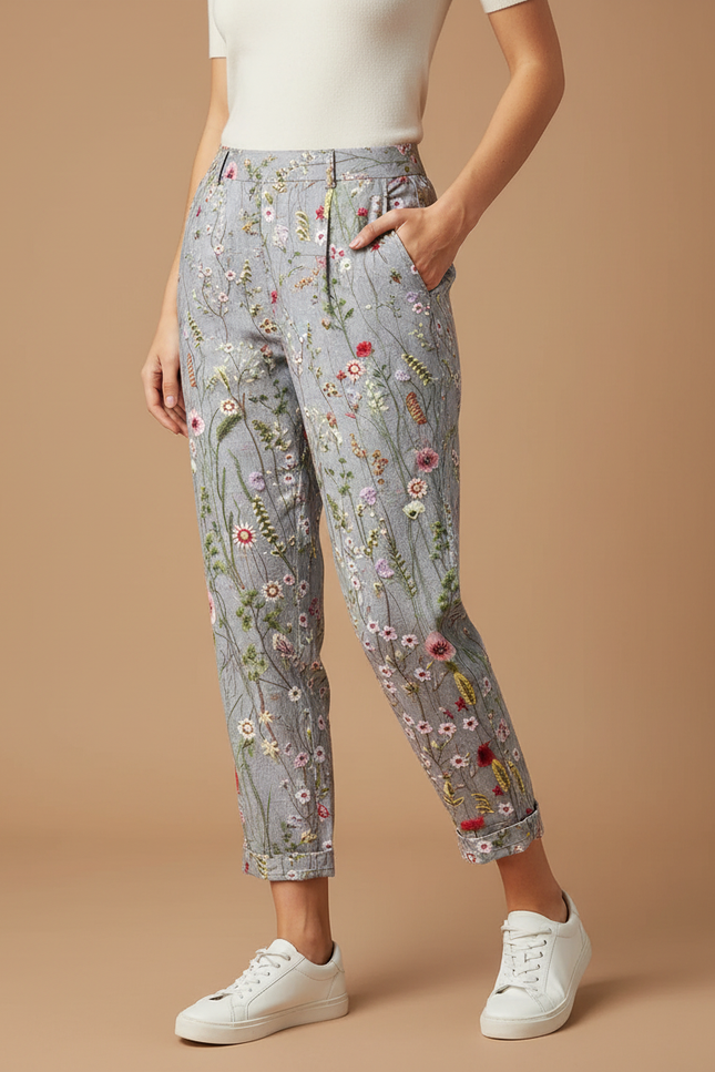 Pantalon Chino Gris Fleuri Brodé Coton Élégant Femme