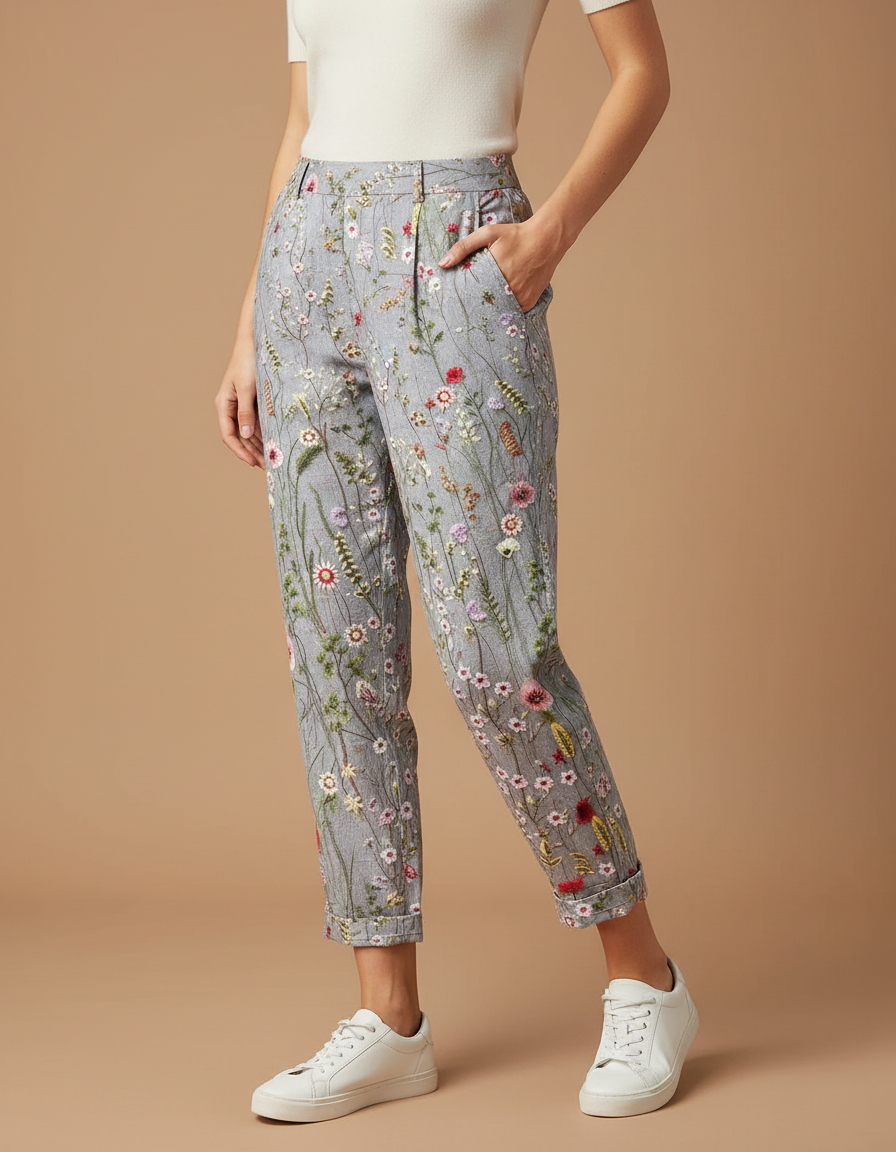 Pantalon Chino Gris Fleuri Brodé Coton Élégant Femme