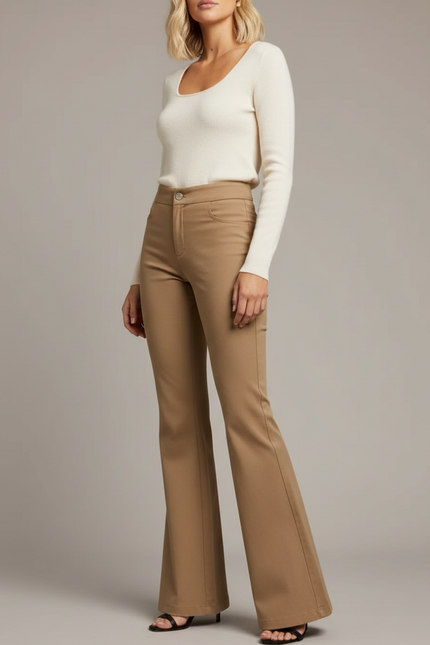 Pantalon Chino Évasé Marron Taille Haute Élégant - Camel Gabardine