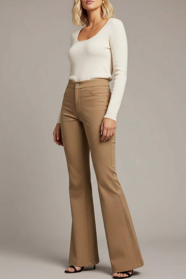Pantalon Chino Évasé Marron Taille Haute Élégant - Camel Gabardine