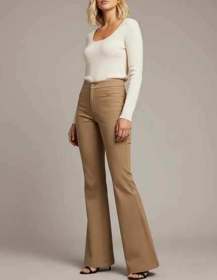 Pantalon Chino Évasé Marron Taille Haute Élégant - Camel Gabardine