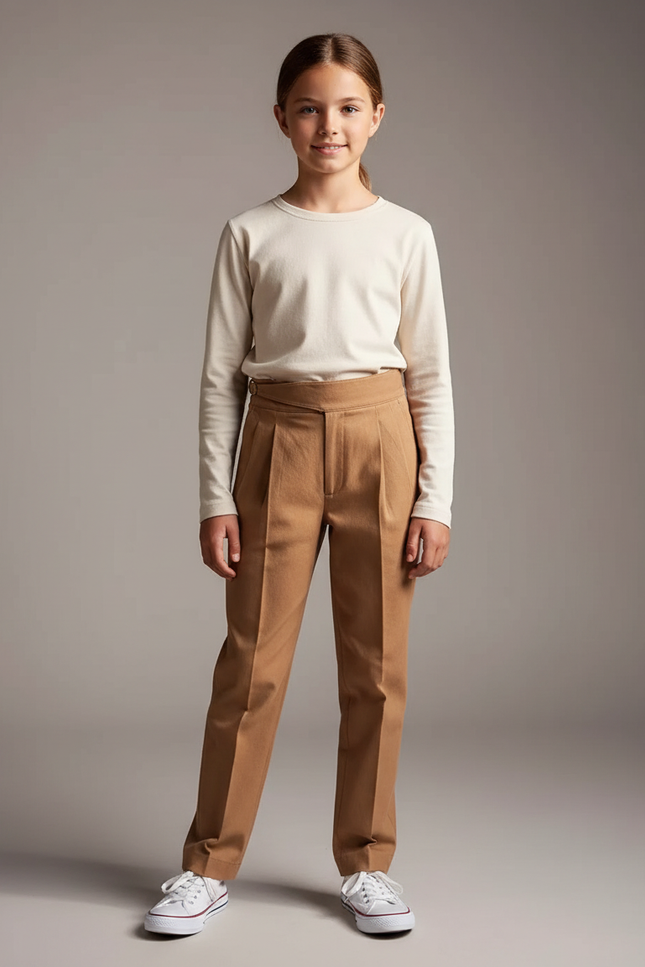 Pantalon Chino Camel Plissé Droit Décontracté Enfant - Gabardine
