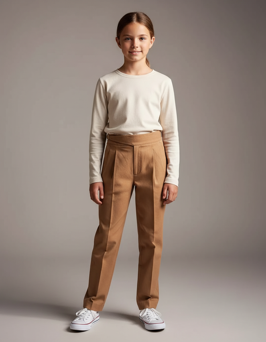 Pantalon Chino Camel Plissé Droit Décontracté Enfant - Gabardine