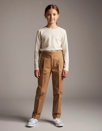 Pantalon Chino Camel Plissé Droit Décontracté Enfant - Gabardine