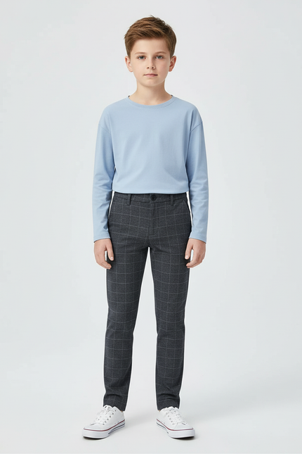 Pantalon Chino Carreaux Gris Slim Garçon Tendance - Laine