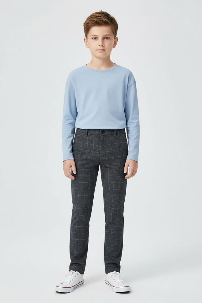 Pantalon Chino Carreaux Gris Slim Garçon Tendance - Laine