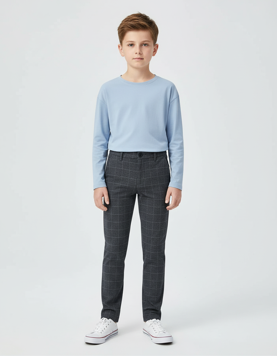 Pantalon Chino Carreaux Gris Slim Garçon Tendance - Laine
