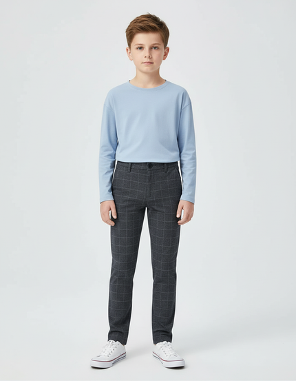 Pantalon Chino Carreaux Gris Slim Garçon Tendance - Laine