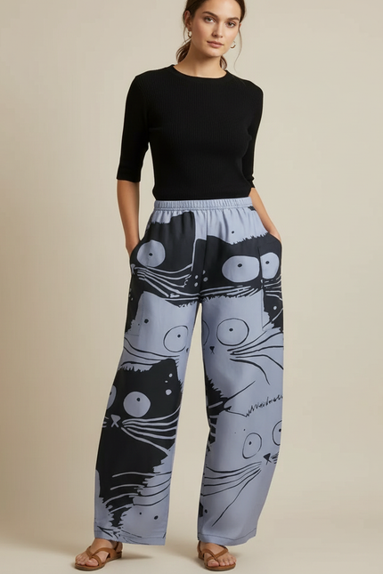 Pantalon Chino Large Fluide Imprimé Chats Bicolore Décontracté - Multicolore Viscose