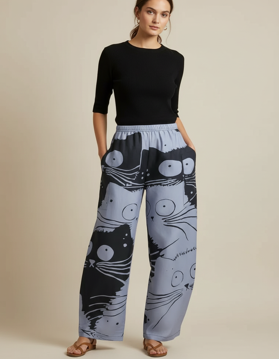 Pantalon Chino Large Fluide Imprimé Chats Bicolore Décontracté - Multicolore Viscose