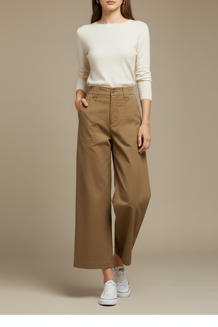 Pantalon Chino Kaki Ample Coton Décontracté Femme - Gabardine