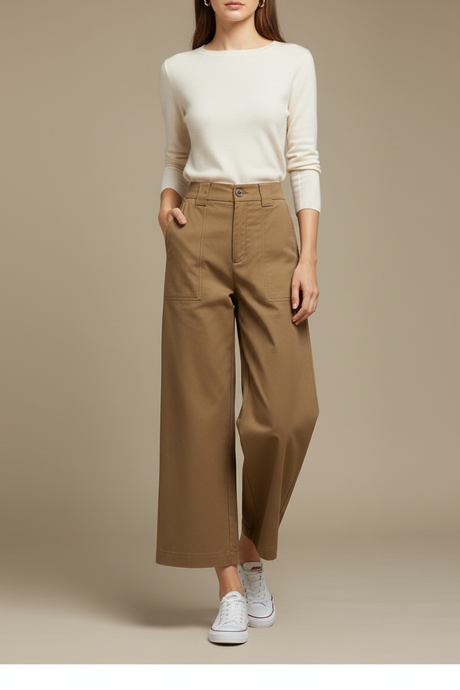 Pantalon Chino Kaki Ample Coton Décontracté Femme - Gabardine