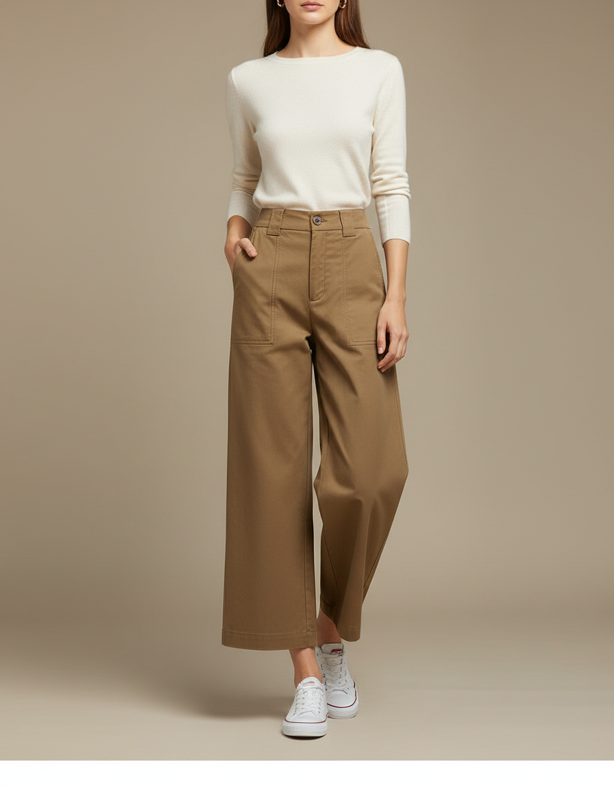 Pantalon Chino Kaki Ample Coton Décontracté Femme - Gabardine