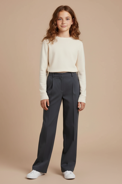 Pantalon Chino Gris Droit Ample Plissé Enfant - Gabardine
