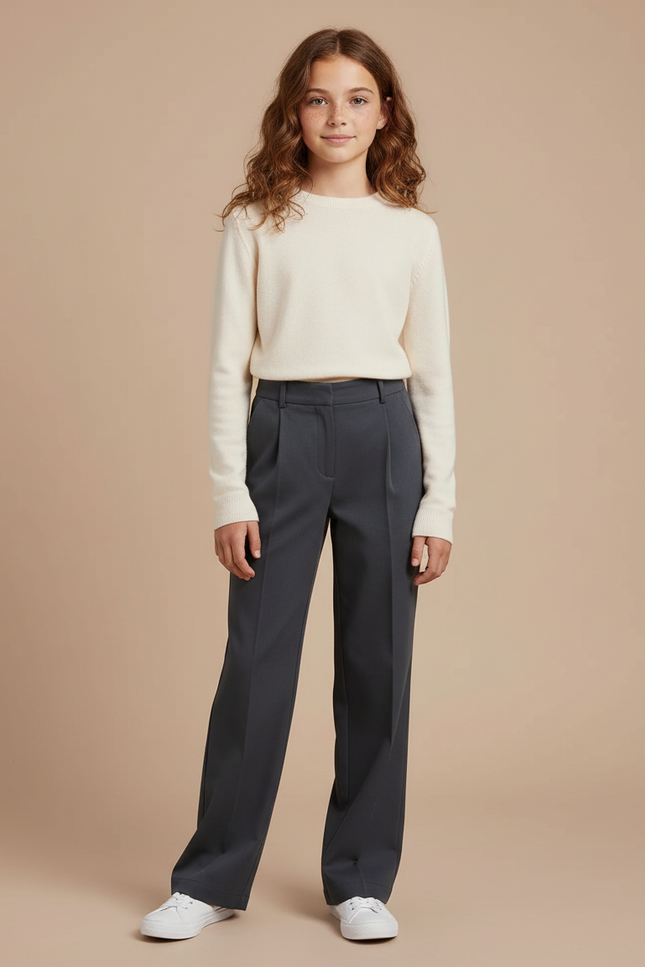 Pantalon Chino Gris Droit Ample Plissé Enfant - Gabardine