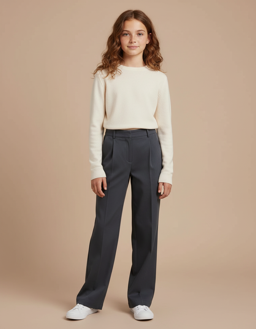 Pantalon Chino Gris Droit Ample Plissé Enfant - Gabardine