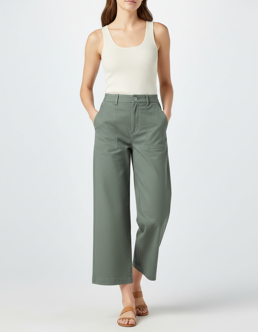 Pantalon Chino Vert Femme - Kaki Coton
