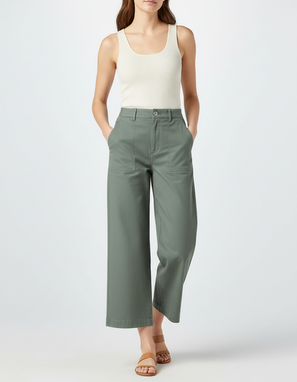 Pantalon Chino Vert Femme - Kaki Coton