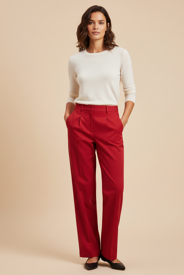 Pantalon Chino Rouge Taille Haute Droit Élégant Femme - Gabardine