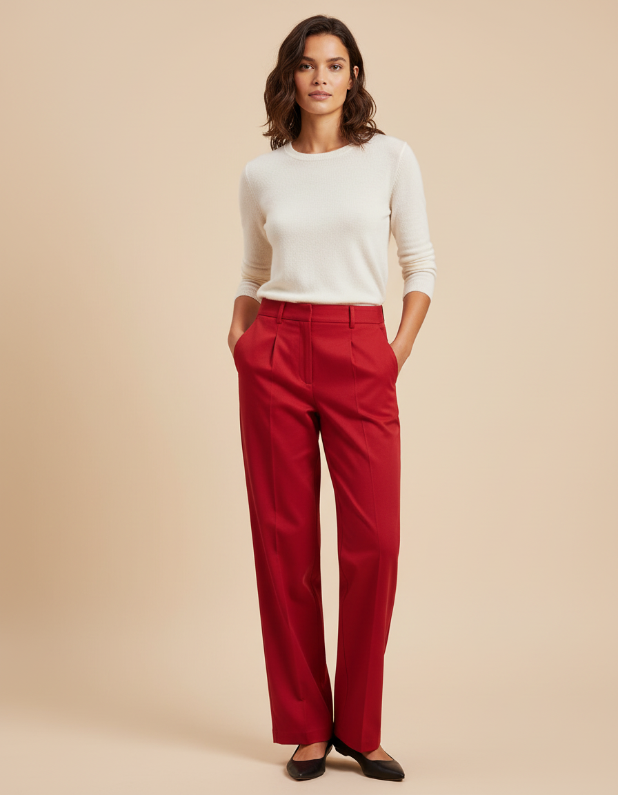 Pantalon Chino Rouge Taille Haute Droit Élégant Femme - Gabardine