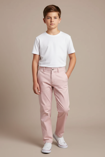 Pantalon Chino Rose Pâle Coton Slim Garçon Décontracté