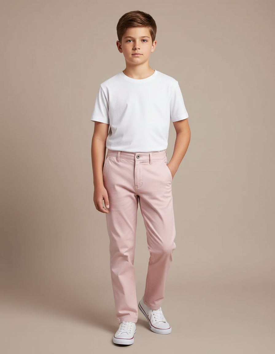 Pantalon Chino Rose Pâle Coton Slim Garçon Décontracté