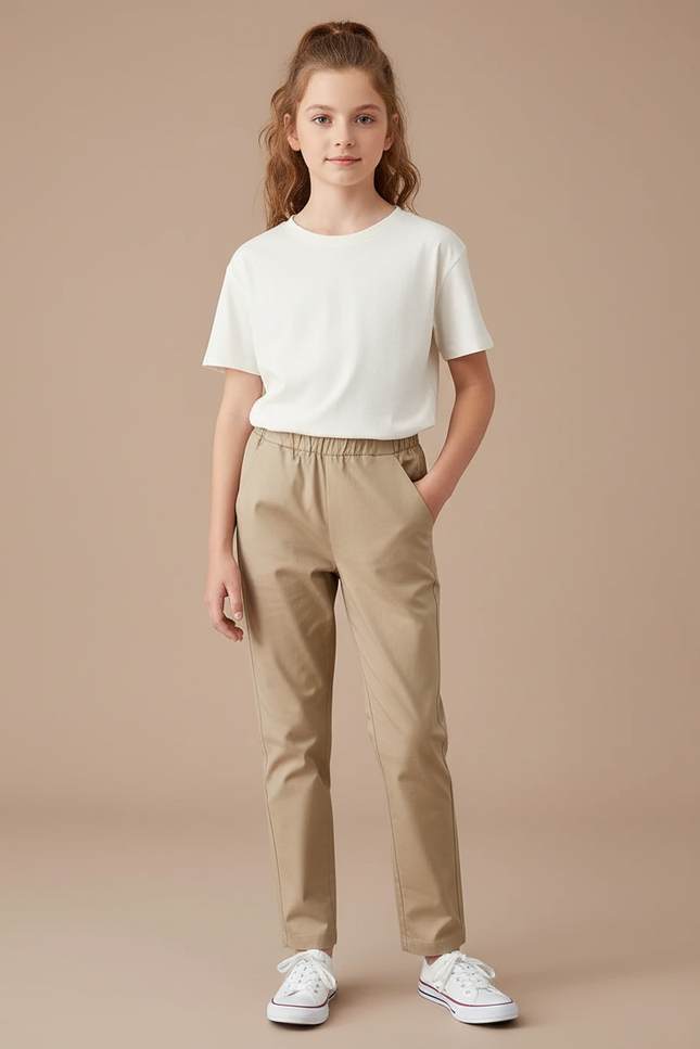 Pantalon Chino Beige Élastique Enfant Décontracté Ajusté - Gabardine