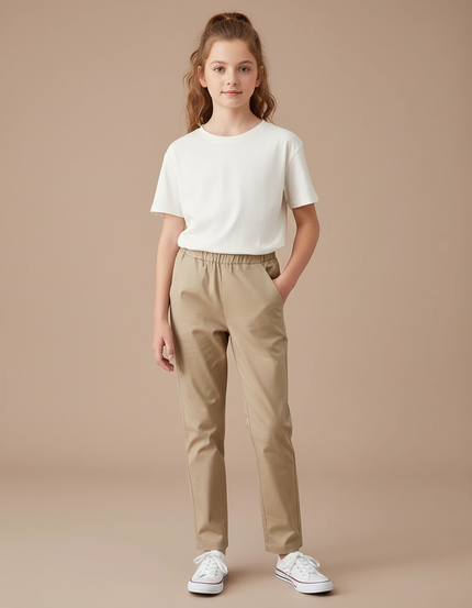 Pantalon Chino Beige Élastique Enfant Décontracté Ajusté - Gabardine