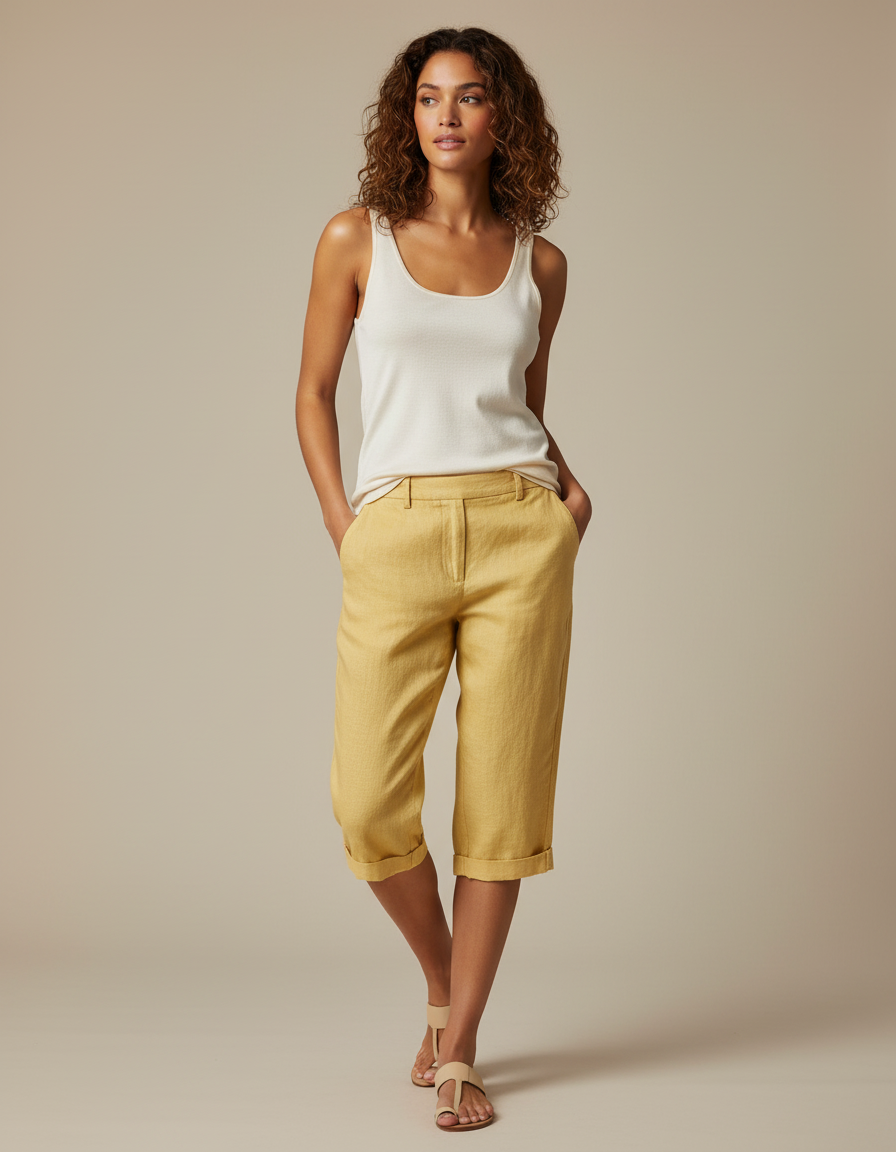 Pantalon Chino Jaune Lin Court Décontracté Femme
