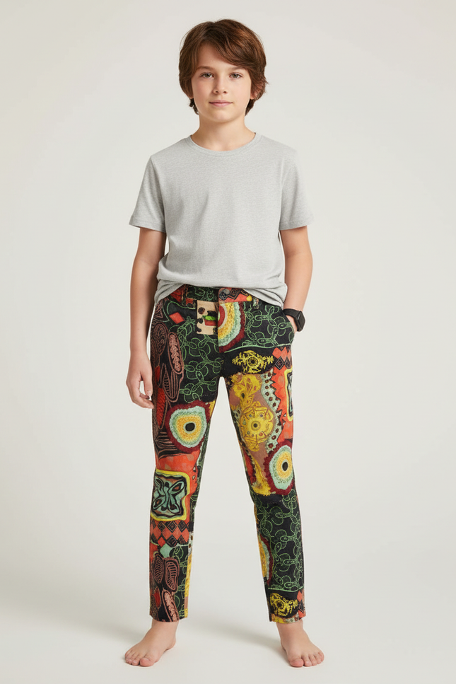 Pantalon Chino Imprimé Ethnique Multicolore Décontracté Enfant - Gabardine