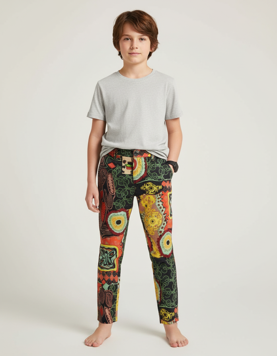 Pantalon Chino Imprimé Ethnique Multicolore Décontracté Enfant - Gabardine
