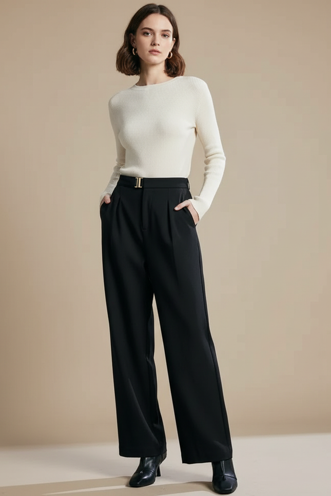 Pantalon Chino Noir Ample Taille Haute Élégant Femme - Polyester
