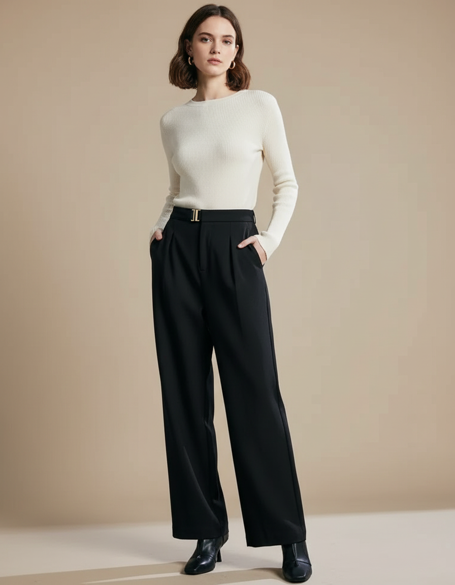 Pantalon Chino Noir Ample Taille Haute Élégant Femme - Polyester