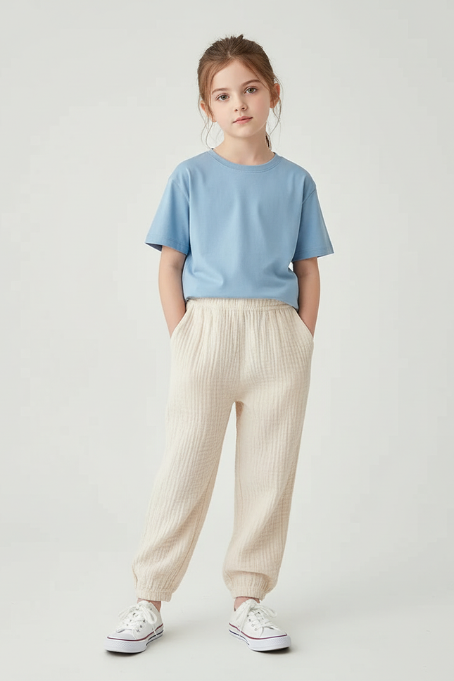 Pantalon Chino Beige Ample Texturé Enfant Décontracté - Lin
