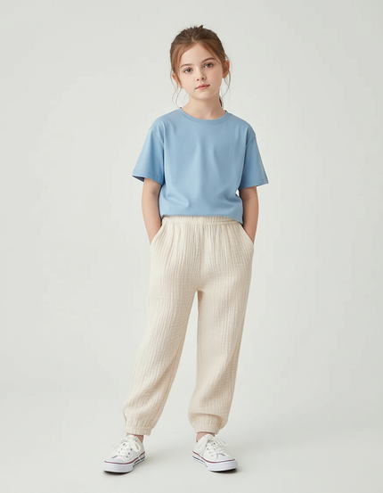 Pantalon Chino Beige Ample Texturé Enfant Décontracté - Lin