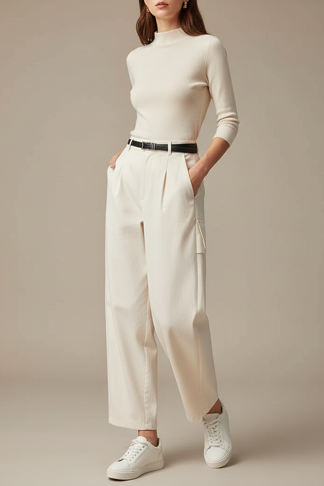 Pantalon Chino Écru Ample Cargo Décontracté Femme - Beige Gabardine