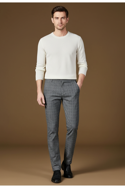 Pantalon Chino Homme Carreaux Gris Droit Élégant - Laine