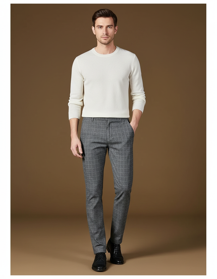 Pantalon Chino Homme Carreaux Gris Droit Élégant - Laine