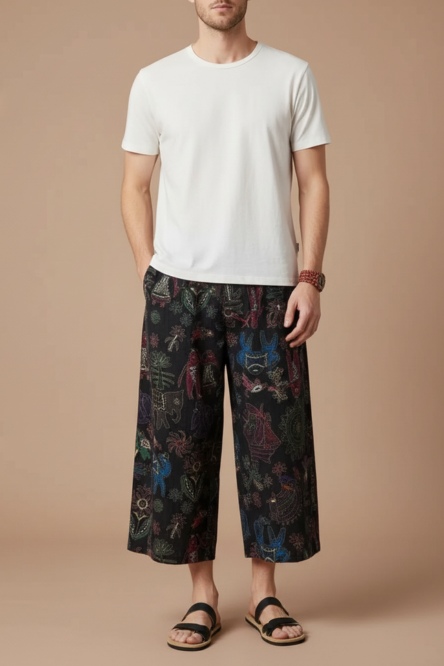 Pantalon Chino Noir Ample Imprimé Ethnique Décontracté - Toile