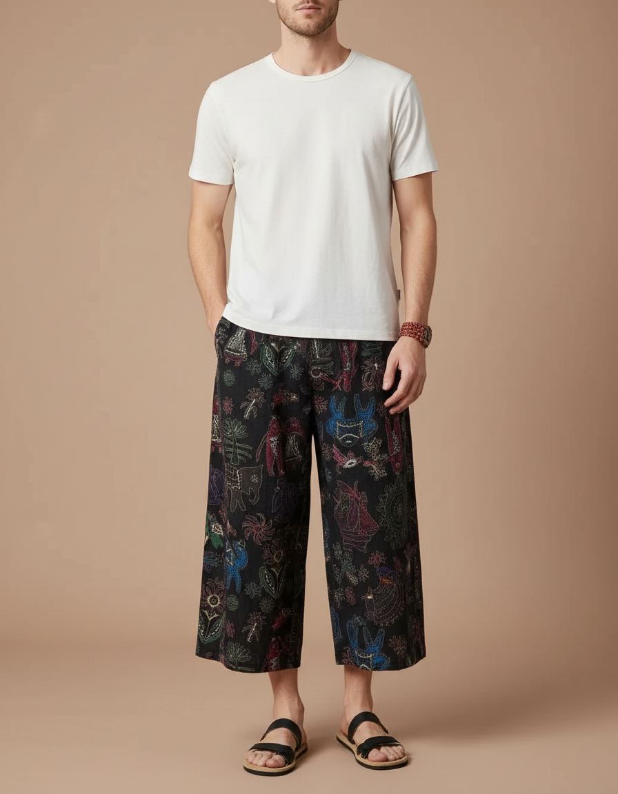 Pantalon Chino Noir Ample Imprimé Ethnique Décontracté - Toile