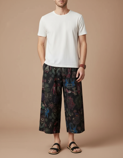 Pantalon Chino Noir Ample Imprimé Ethnique Décontracté - Toile