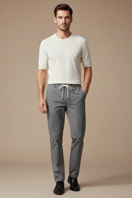 Pantalon Chino Gris Cordon Élastique Droit Décontracté Homme - Gabardine